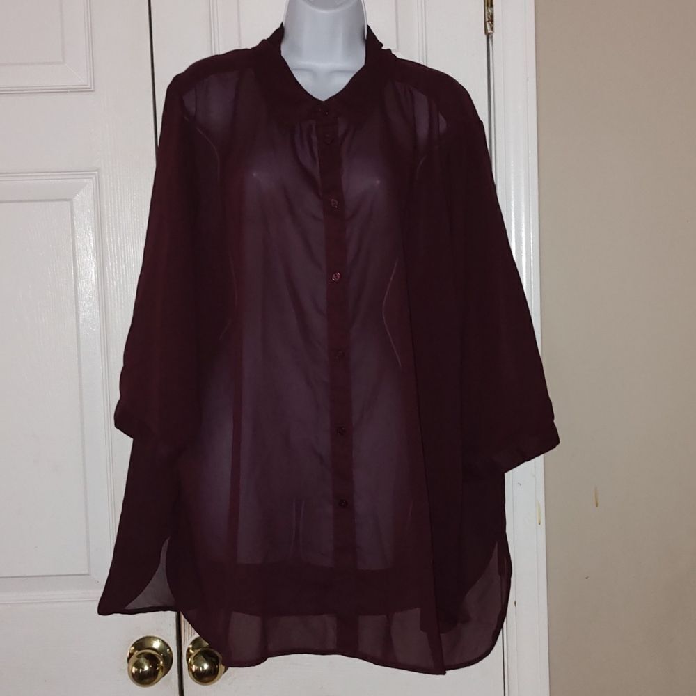 Attention dark mauve sheer button down blouse   Sz 4X
